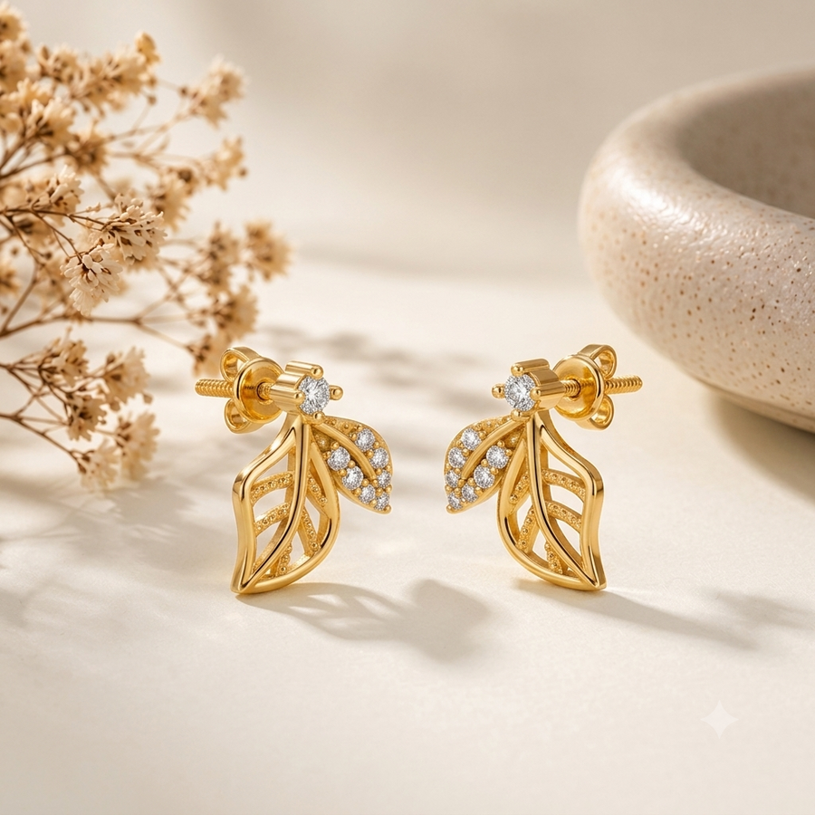Elara Diamond Leaf Gold Plated 925 Sterling silver Studs