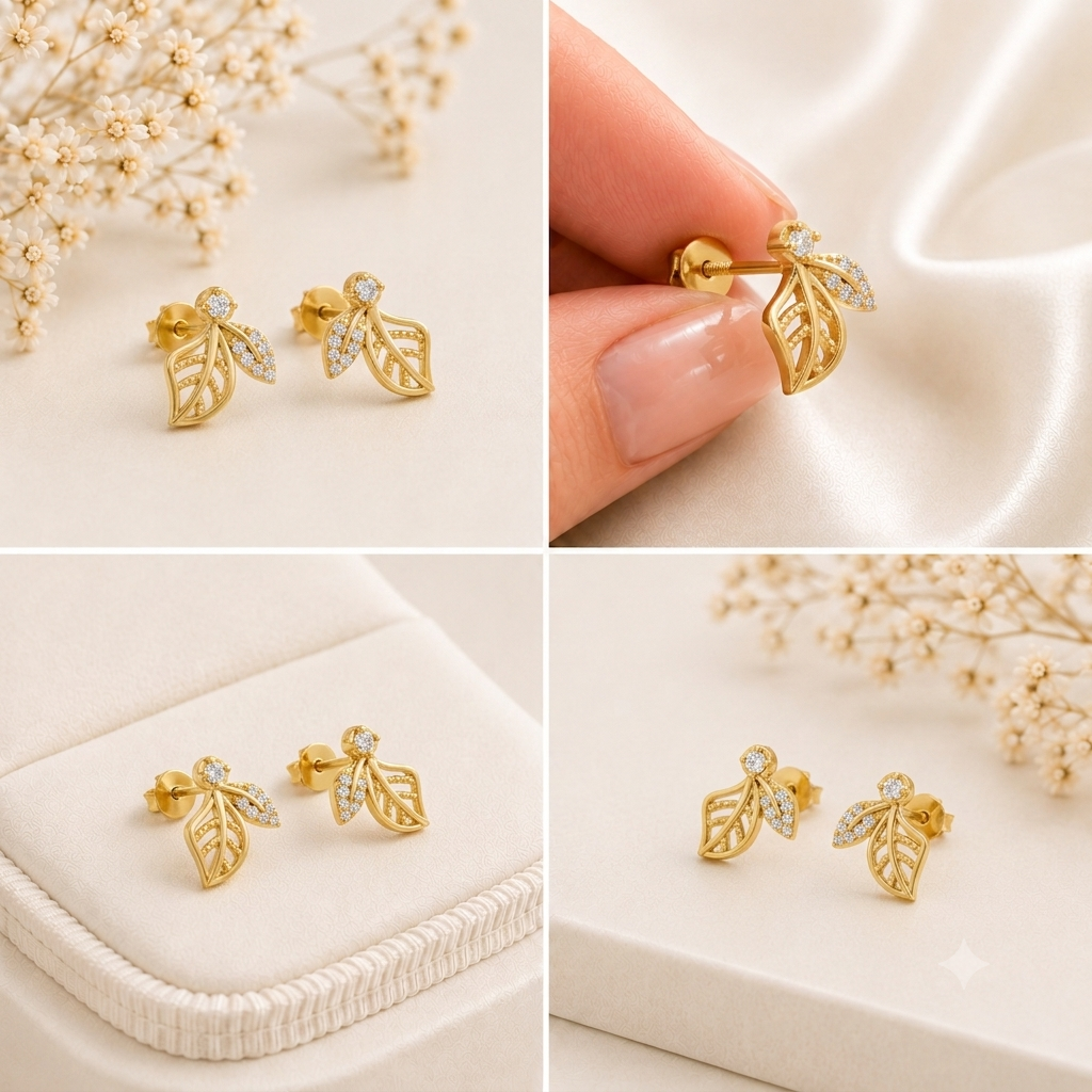 Elara Diamond Leaf Gold Plated 925 Sterling silver Studs