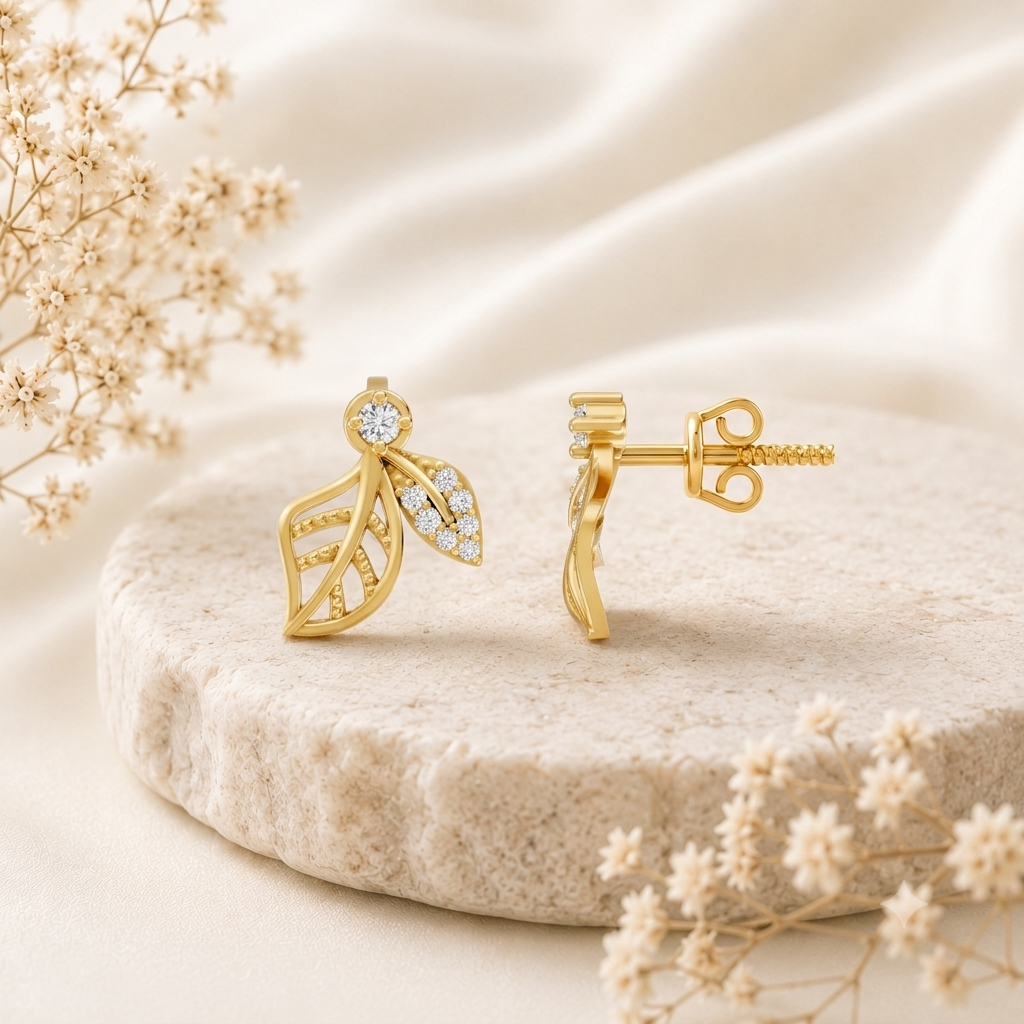 Elara Diamond Leaf Gold Plated 925 Sterling silver Studs