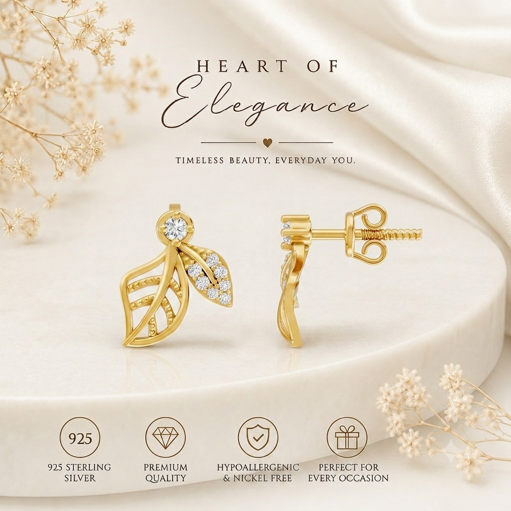 Elara Diamond Leaf Gold Plated 925 Sterling silver Studs