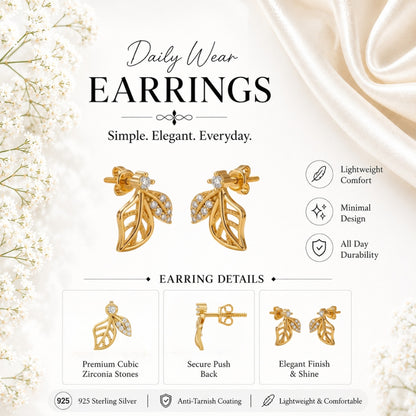 Elara Diamond Leaf Gold Plated 925 Sterling silver Studs