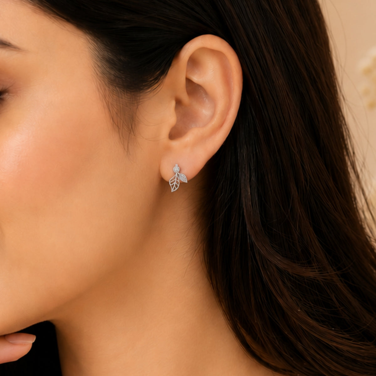 Elara Diamond Leaf Rhodium Plated 925 Sterling silver Studs