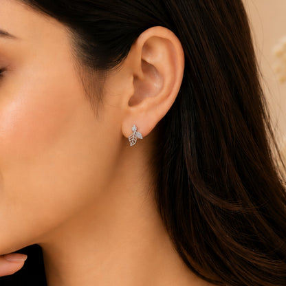 Elara Diamond Leaf Rhodium Plated 925 Sterling silver Studs