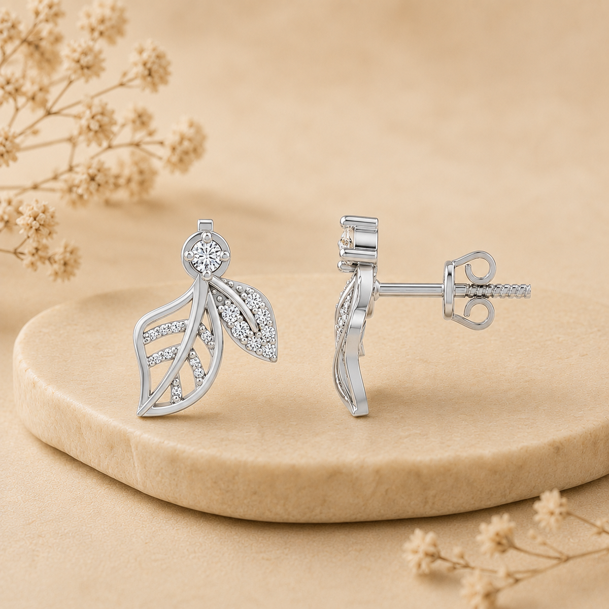 Elara Diamond Leaf Rhodium Plated 925 Sterling silver Studs