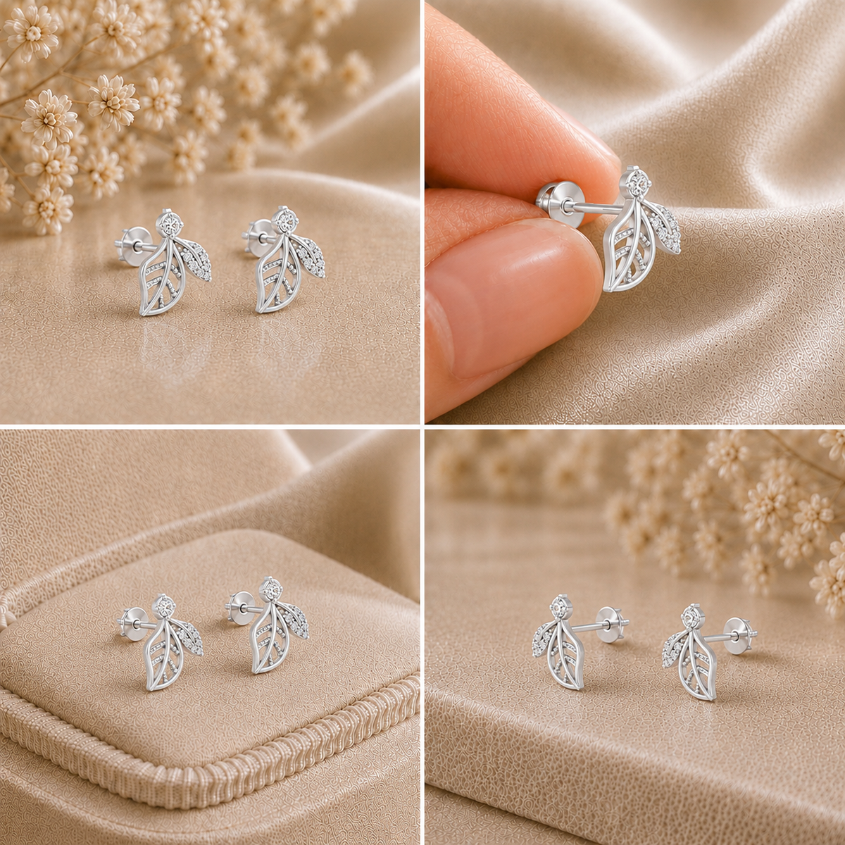 Elara Diamond Leaf Rhodium Plated 925 Sterling silver Studs