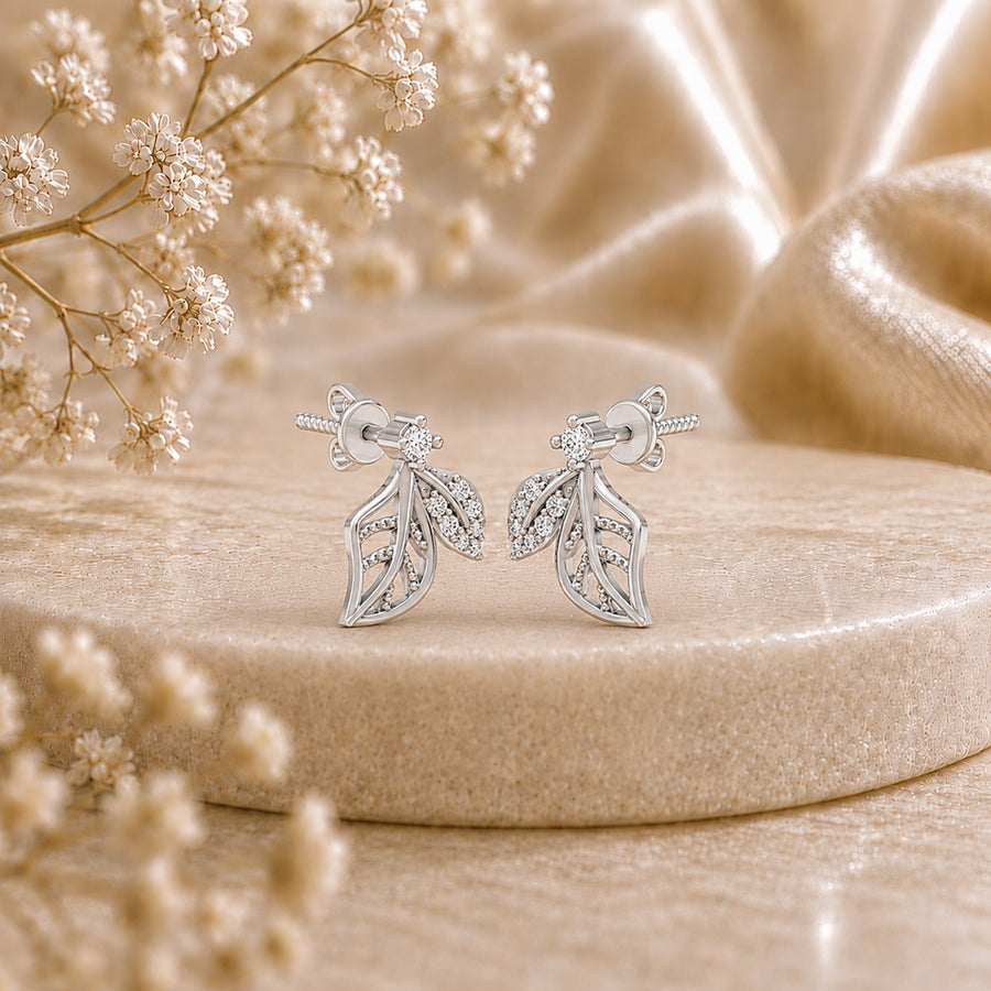 Elara Diamond Leaf Rhodium Plated 925 Sterling silver Studs