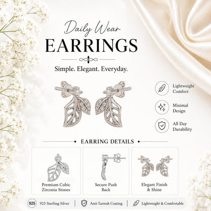Elara Diamond Leaf Rhodium Plated 925 Sterling silver Studs