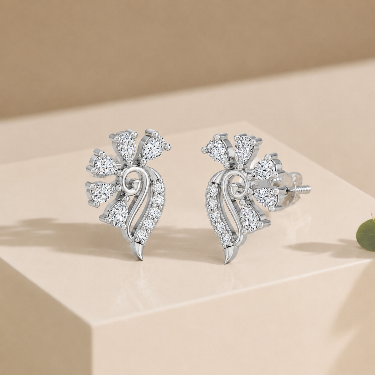 Pear-Cut Peacock Feather Rhodium plated 925 sterling silver Stud