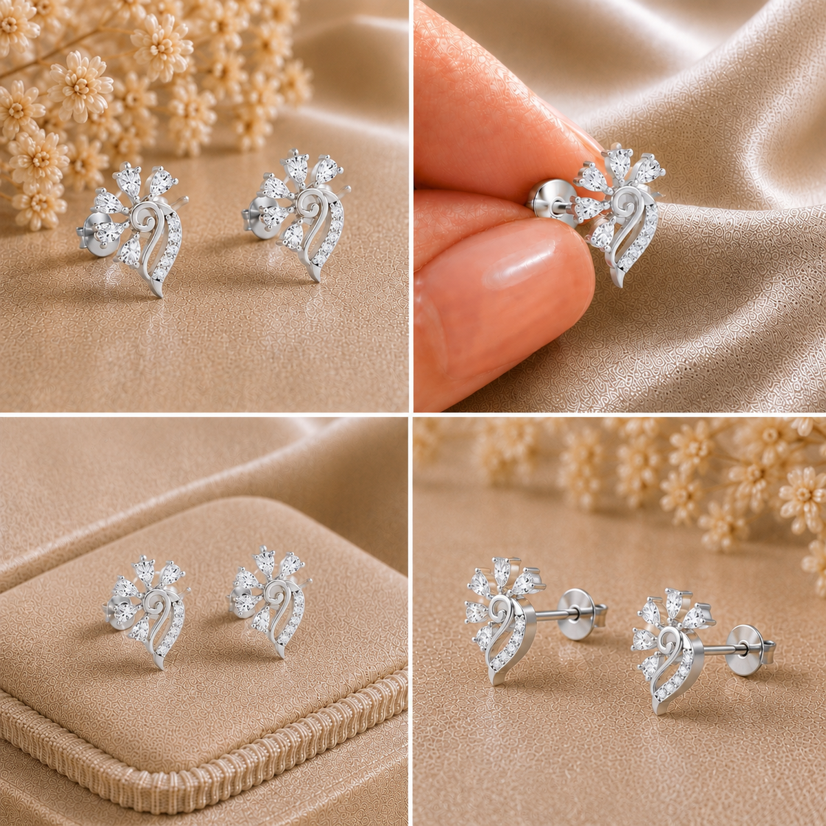 Pear-Cut Peacock Feather Rhodium plated 925 sterling silver Stud