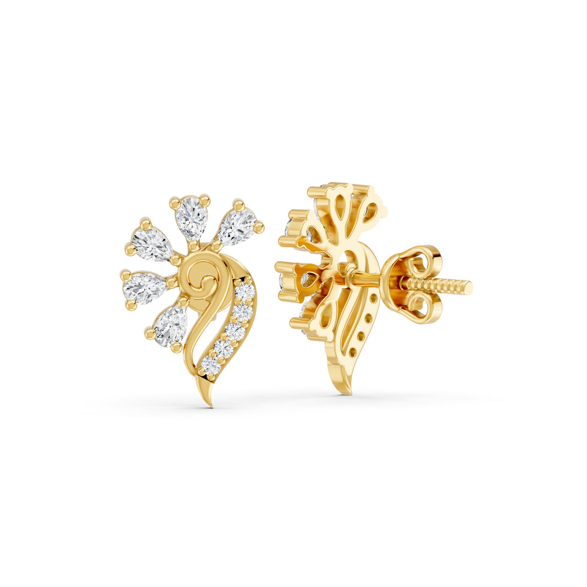 Pear-Cut Peacock Feather Gold plated 925 sterling silver Stud