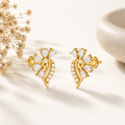 Pear-Cut Peacock Feather Gold plated 925 sterling silver Stud