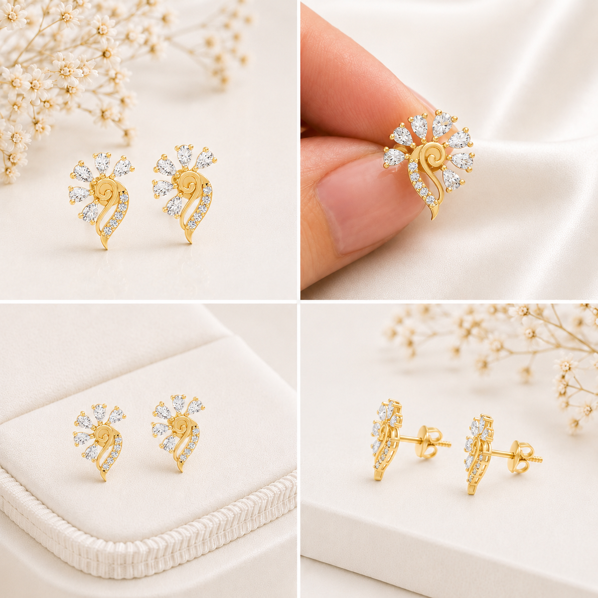 Pear-Cut Peacock Feather Gold plated 925 sterling silver Stud