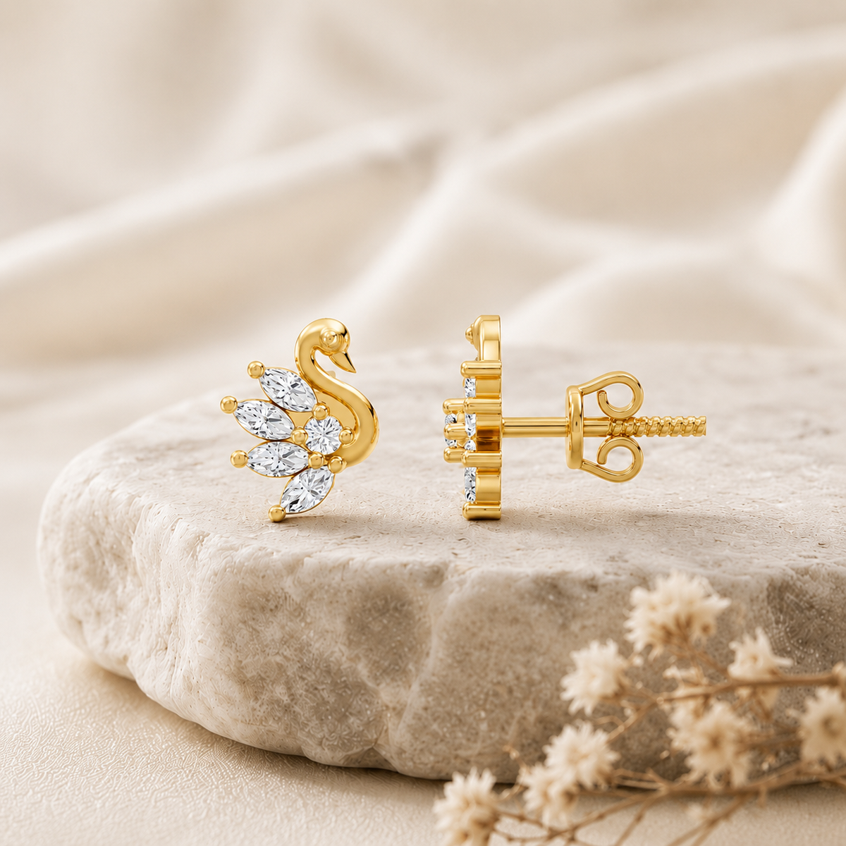 Marquise-Cut Swan Feather Gold Plated 925 sterling silger Stud Earrings