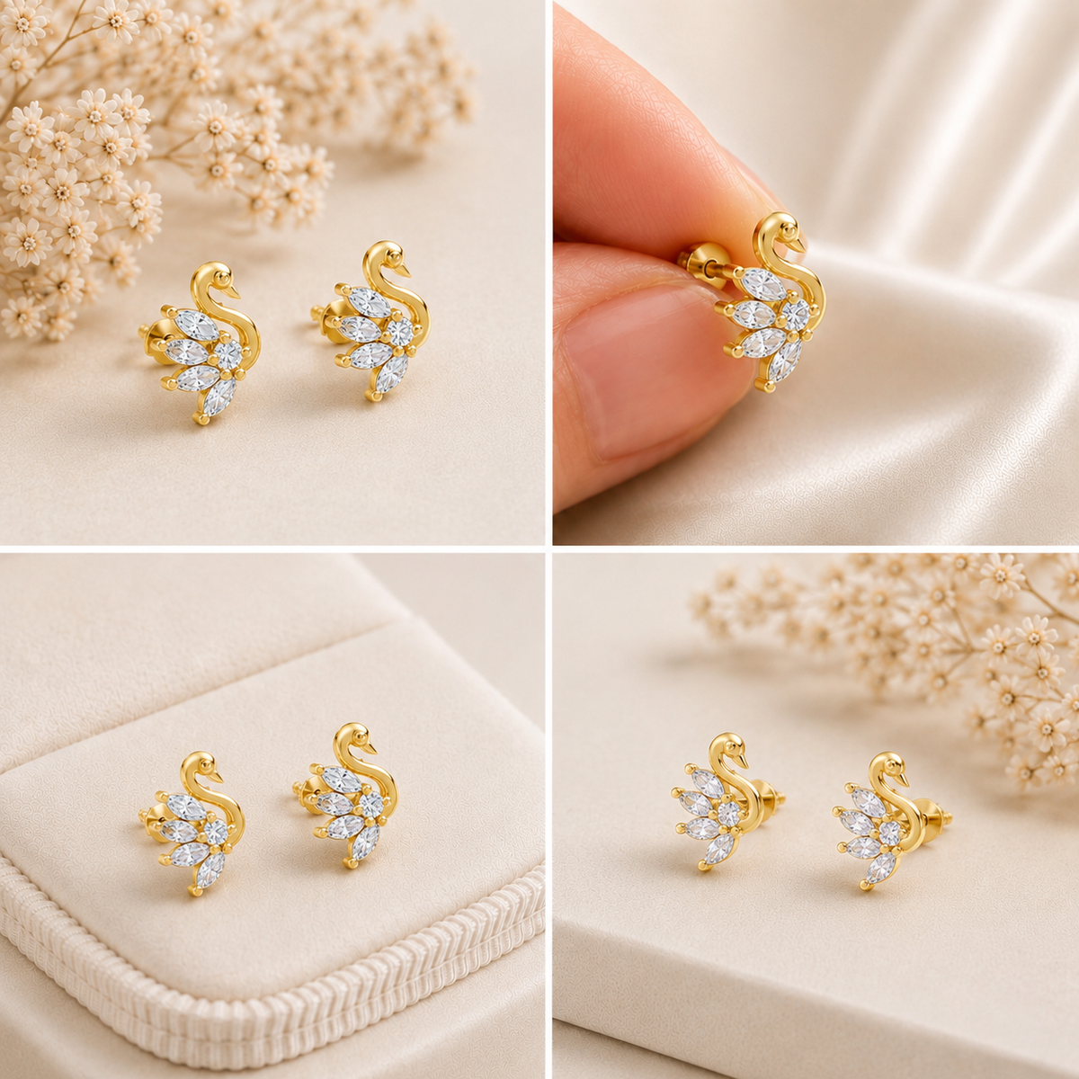 Marquise-Cut Swan Feather Gold Plated 925 sterling silger Stud Earrings