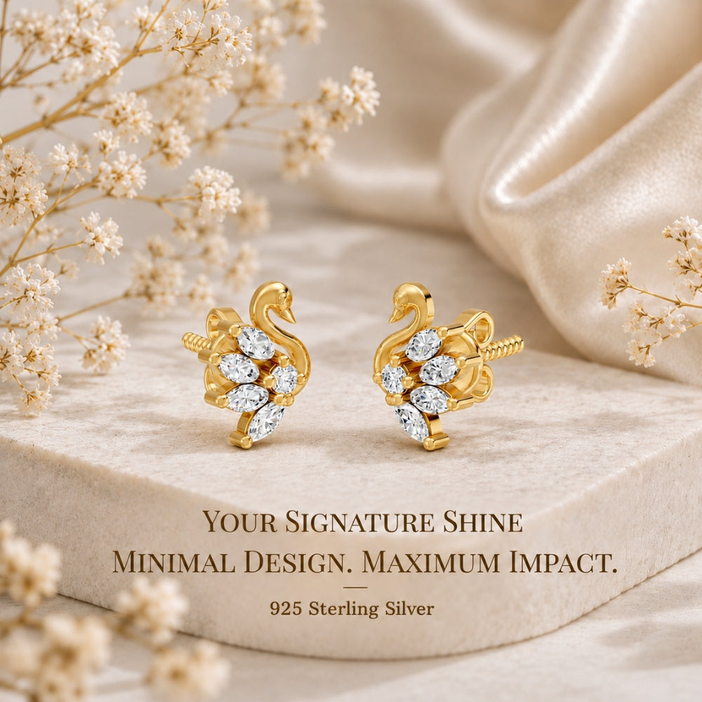 Marquise-Cut Swan Feather Gold Plated 925 sterling silger Stud Earrings