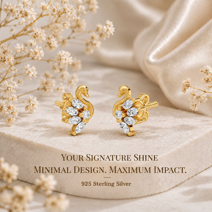 Marquise-Cut Swan Feather Gold Plated 925 sterling silger Stud Earrings