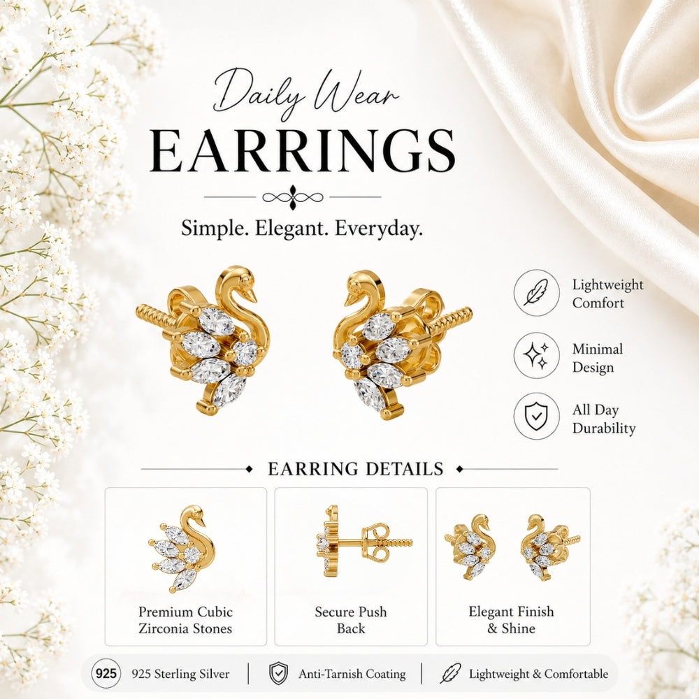 Marquise-Cut Swan Feather Gold Plated 925 sterling silger Stud Earrings