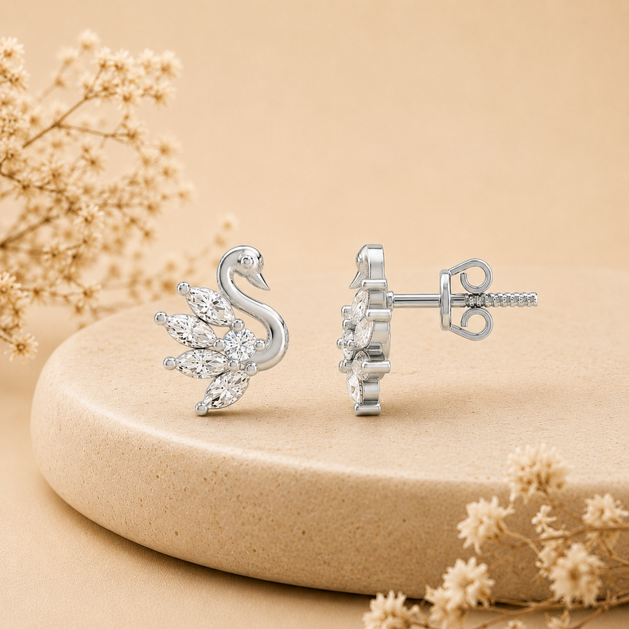 Marquise-Cut Swan Feather Rhodium Plated 925 sterling silver Stud