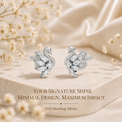 Marquise-Cut Swan Feather Rhodium Plated 925 sterling silver Stud