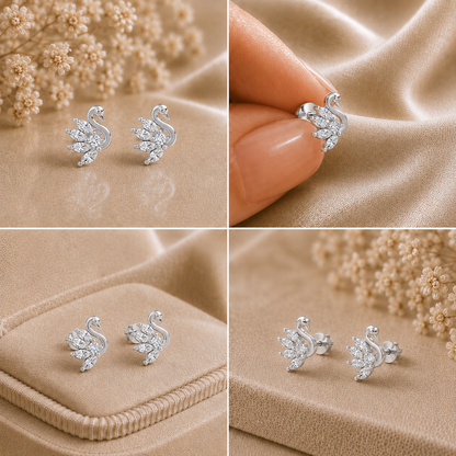 Marquise-Cut Swan Feather Rhodium Plated 925 sterling silver Stud