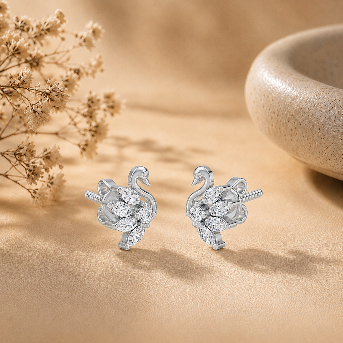Marquise-Cut Swan Feather Rhodium Plated 925 sterling silver Stud