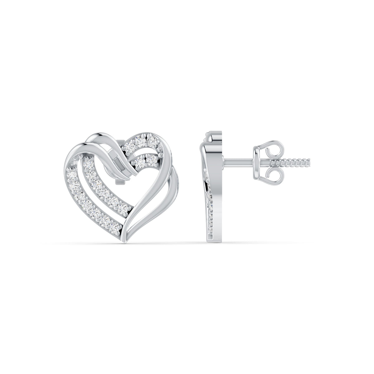 Intertwined Double Heart Sparkle Rhodium Plated 925 sterling silver Stud Earrings