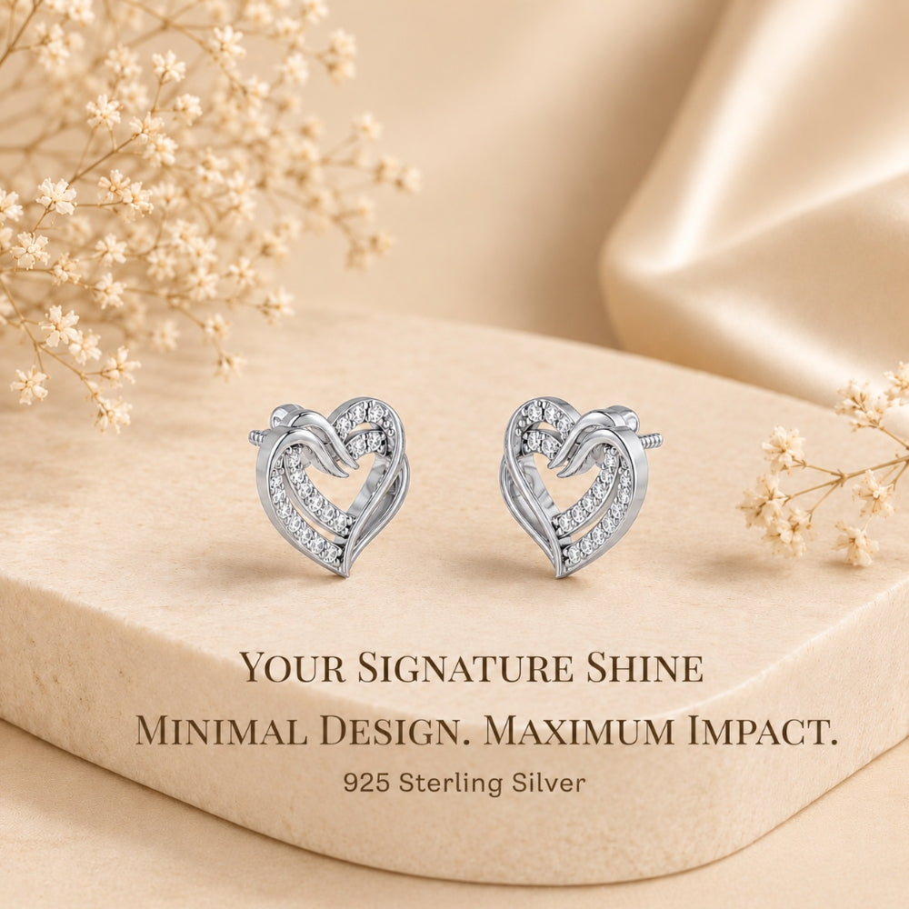 Intertwined Double Heart Sparkle Rhodium Plated 925 sterling silver Stud Earrings