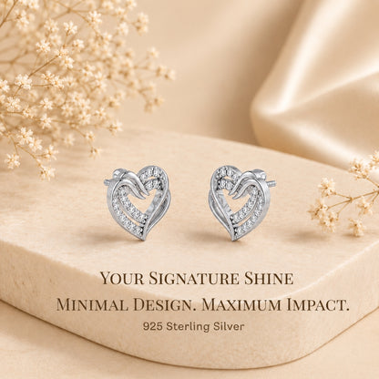 Intertwined Double Heart Sparkle Rhodium Plated 925 sterling silver Stud Earrings