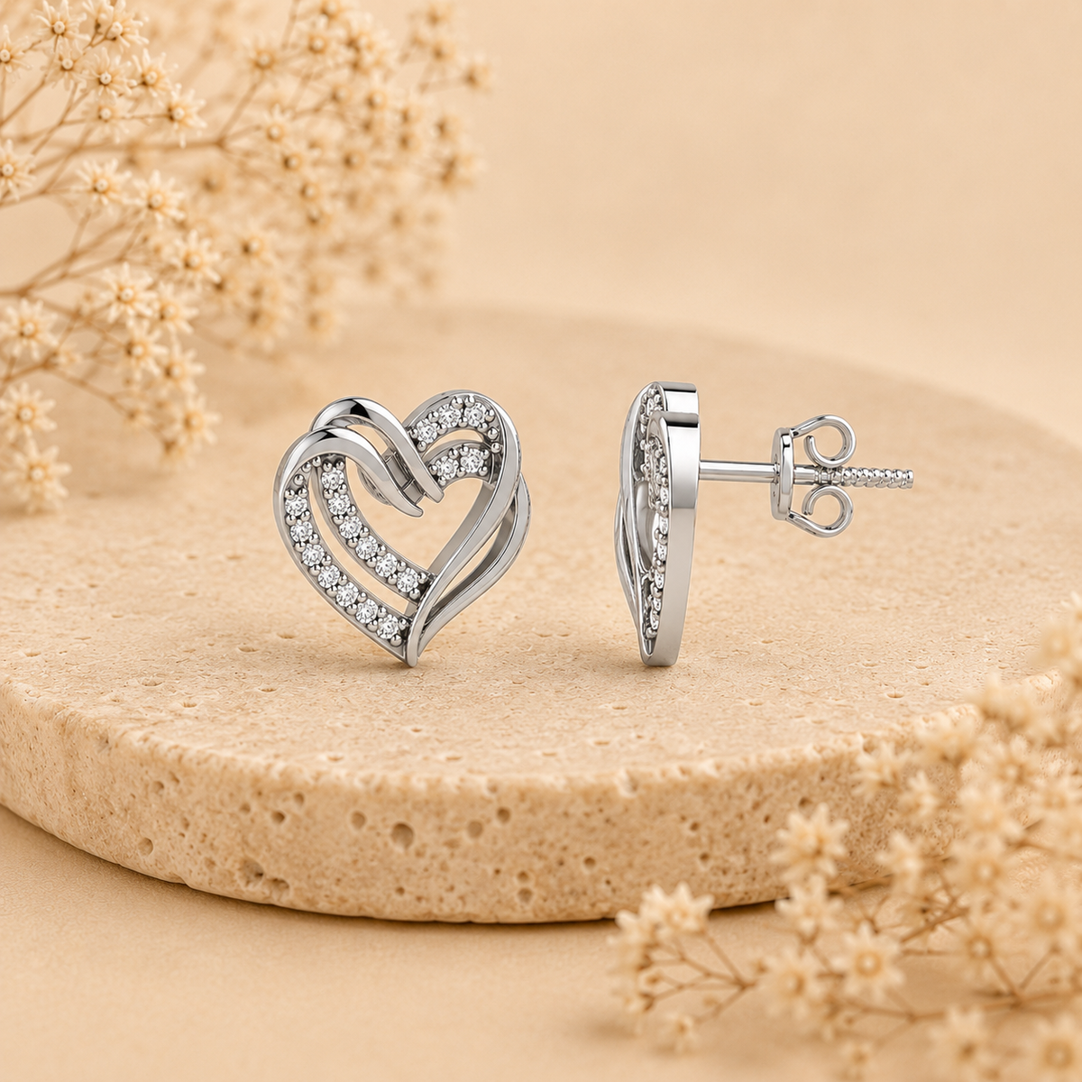 Intertwined Double Heart Sparkle Rhodium Plated 925 sterling silver Stud Earrings