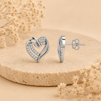 Intertwined Double Heart Sparkle Rhodium Plated 925 sterling silver Stud Earrings
