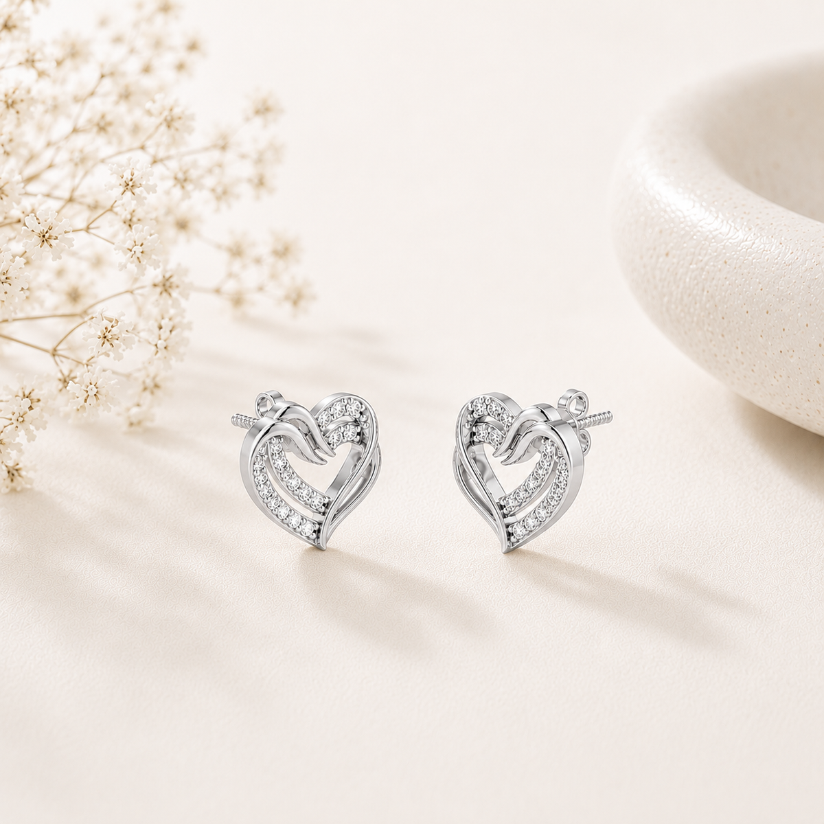 Intertwined Double Heart Sparkle Rhodium Plated 925 sterling silver Stud Earrings