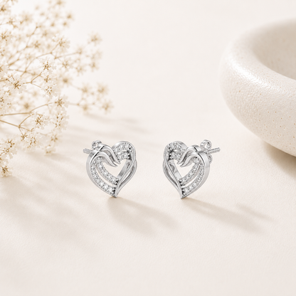 Intertwined Double Heart Sparkle Rhodium Plated 925 sterling silver Stud Earrings