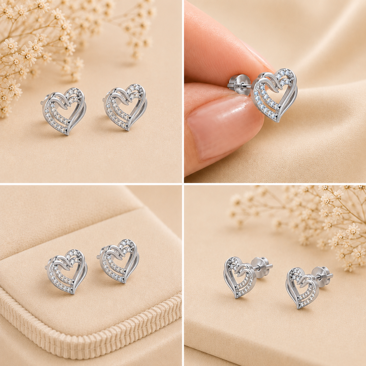 Intertwined Double Heart Sparkle Rhodium Plated 925 sterling silver Stud Earrings