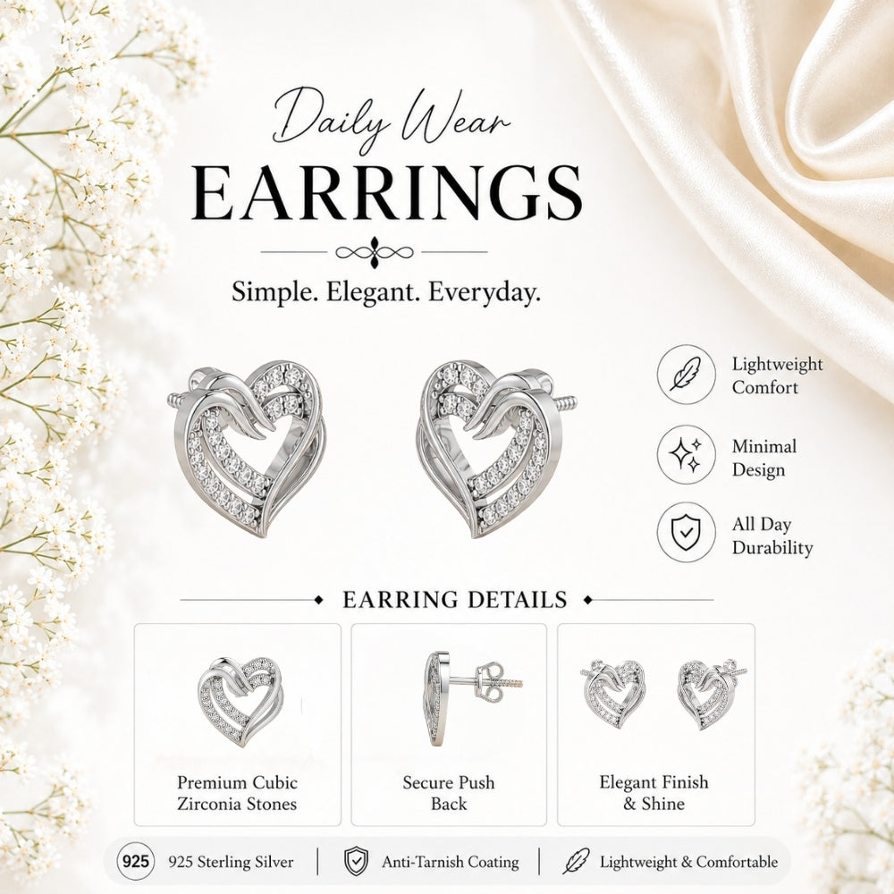 Intertwined Double Heart Sparkle Rhodium Plated 925 sterling silver Stud Earrings