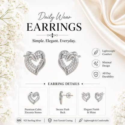 Intertwined Double Heart Sparkle Rhodium Plated 925 sterling silver Stud Earrings