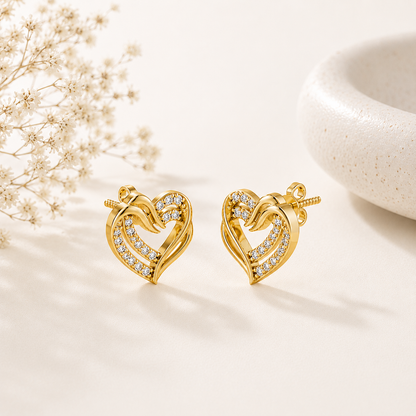 Intertwined Double Heart Sparkle Gold Plated 925 sterling silver Stud Earrings