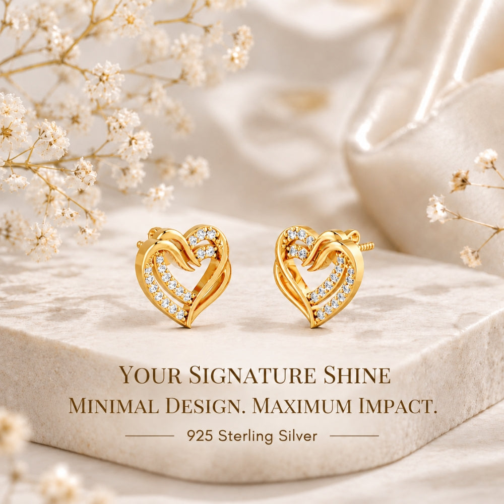 Intertwined Double Heart Sparkle Gold Plated 925 sterling silver Stud Earrings