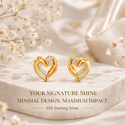 Intertwined Double Heart Sparkle Gold Plated 925 sterling silver Stud Earrings