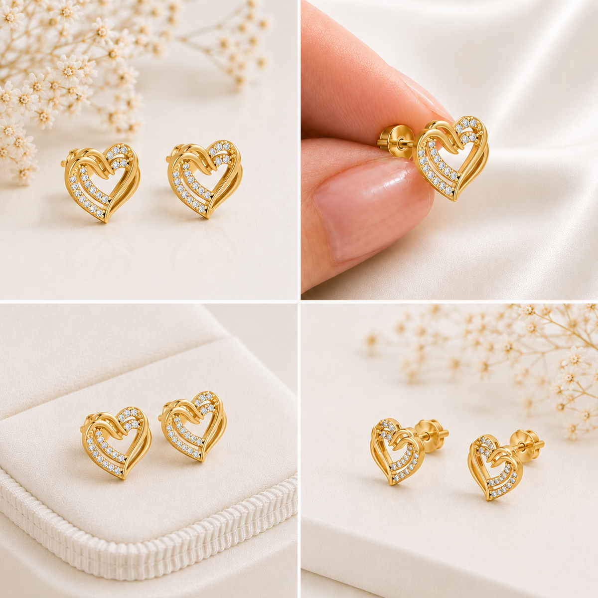 Intertwined Double Heart Sparkle Gold Plated 925 sterling silver Stud Earrings