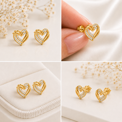 Intertwined Double Heart Sparkle Gold Plated 925 sterling silver Stud Earrings