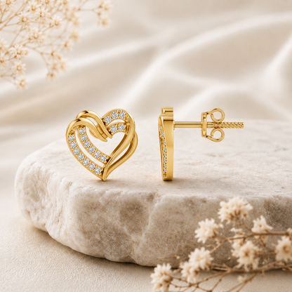 Intertwined Double Heart Sparkle Gold Plated 925 sterling silver Stud Earrings