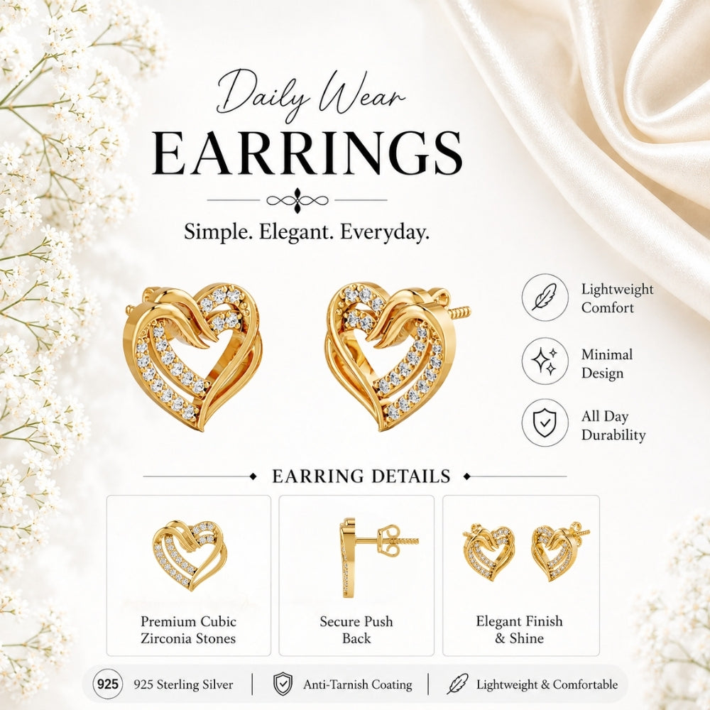 Intertwined Double Heart Sparkle Gold Plated 925 sterling silver Stud Earrings
