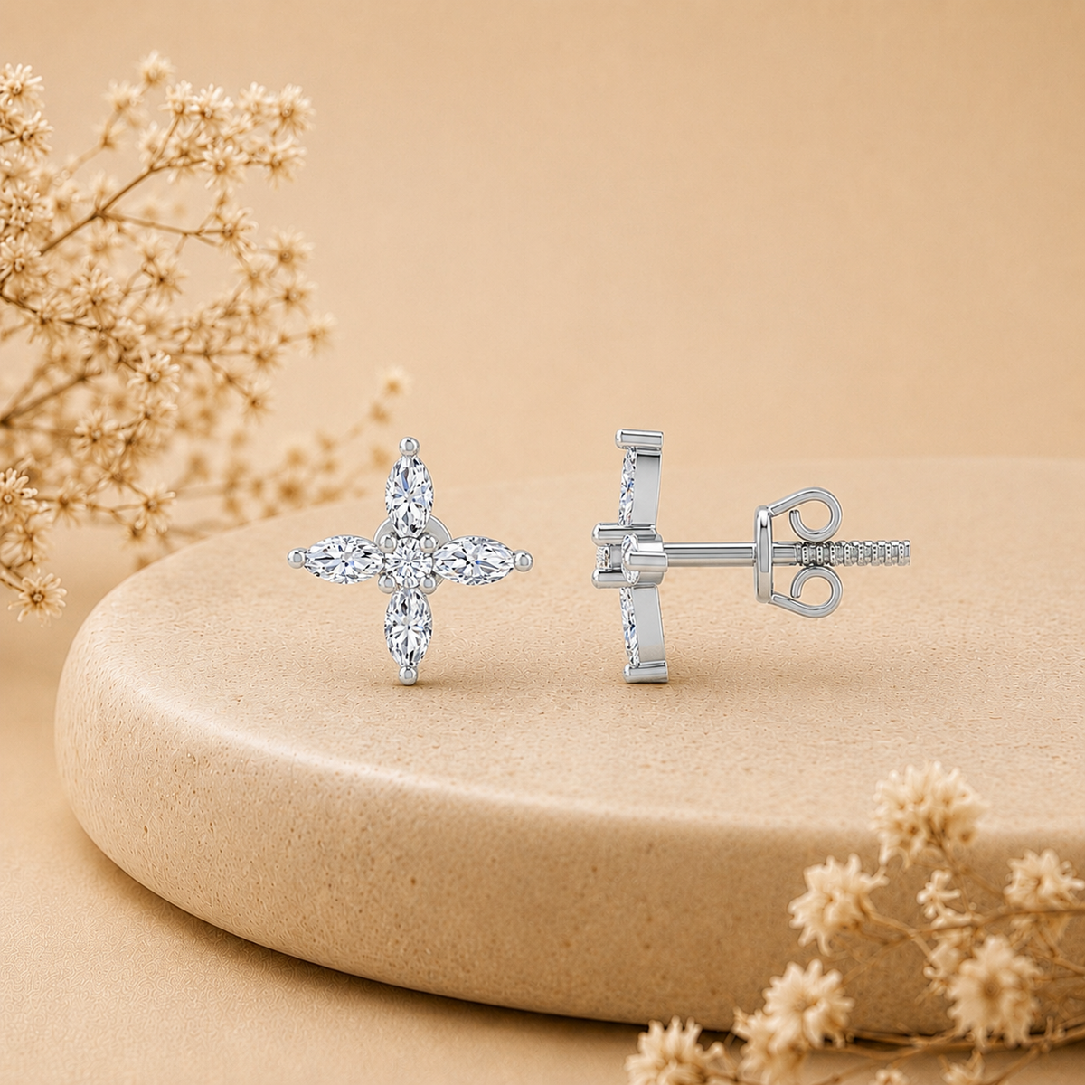 Marquise Four Petal Blossom Rhodium Plated 925 sterling silver Stud