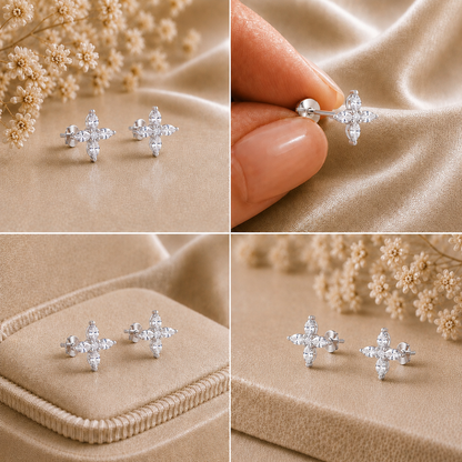 Marquise Four Petal Blossom Rhodium Plated 925 sterling silver Stud