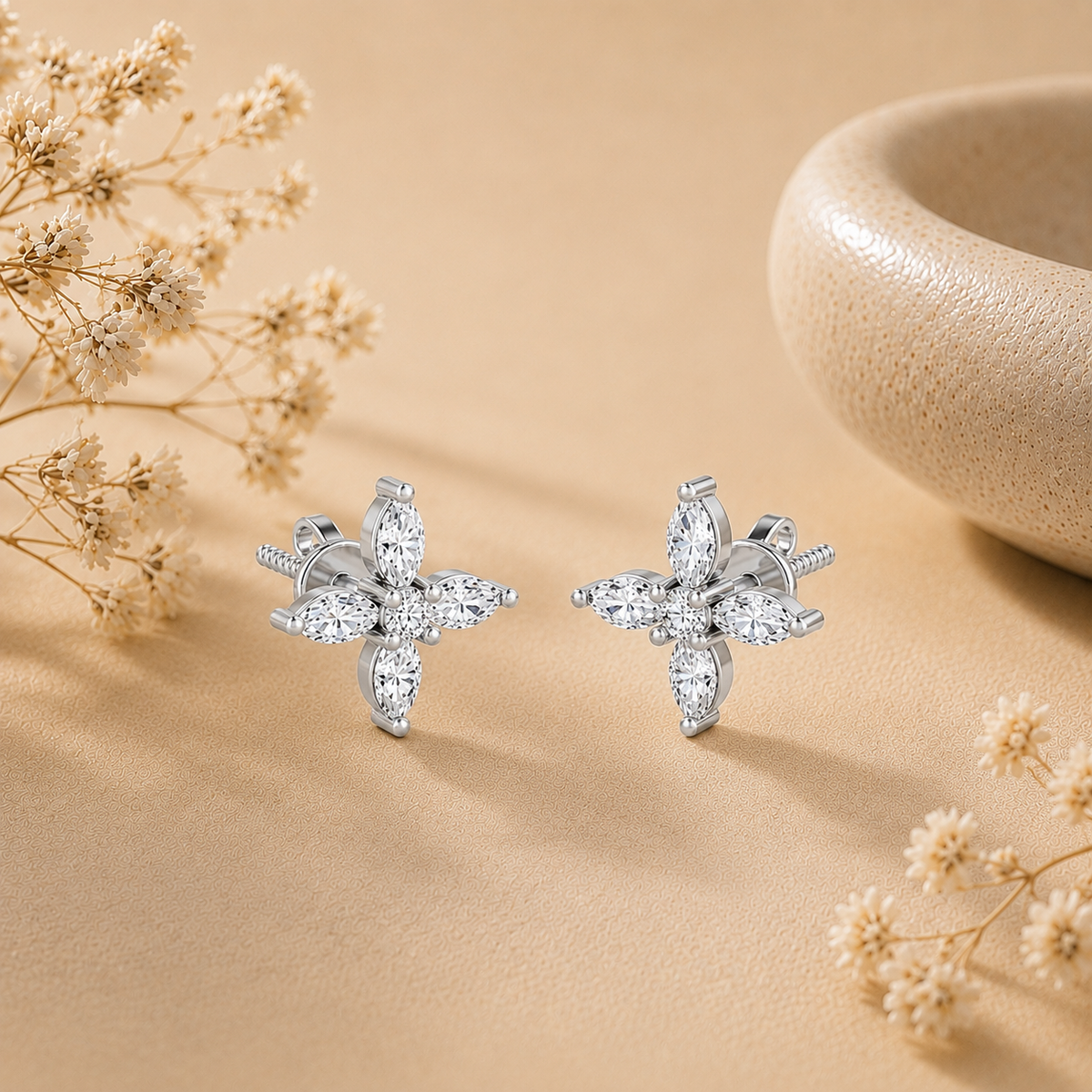 Marquise Four Petal Blossom Rhodium Plated 925 sterling silver Stud