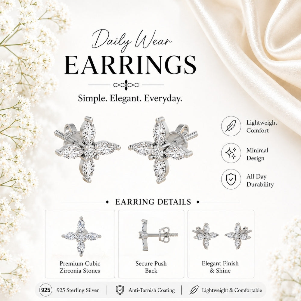 Marquise Four Petal Blossom Rhodium Plated 925 sterling silver Stud
