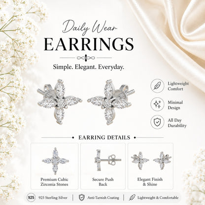 Marquise Four Petal Blossom Rhodium Plated 925 sterling silver Stud