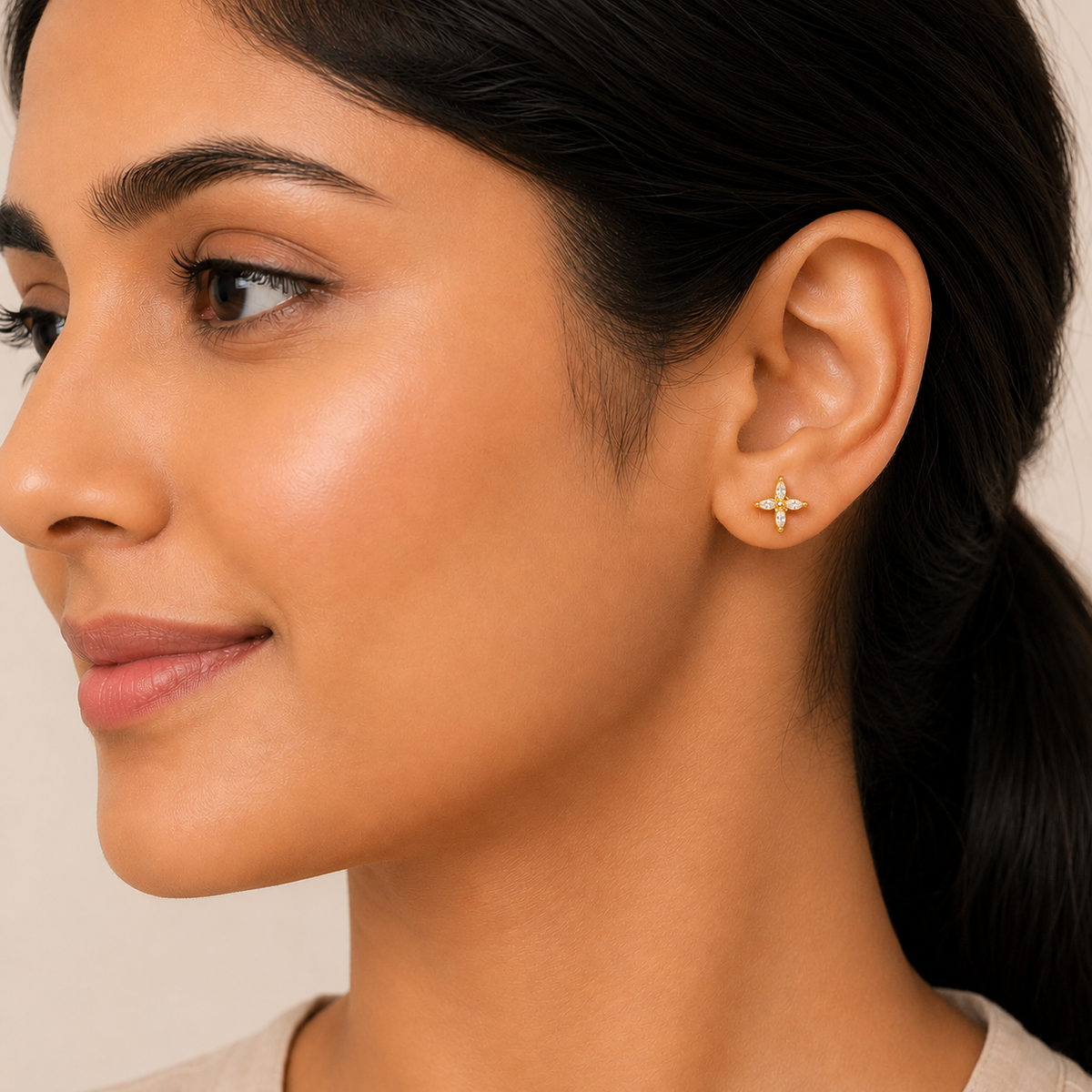 Marquise Four Petal Blossom Gold Plated 925 sterling silver Stud