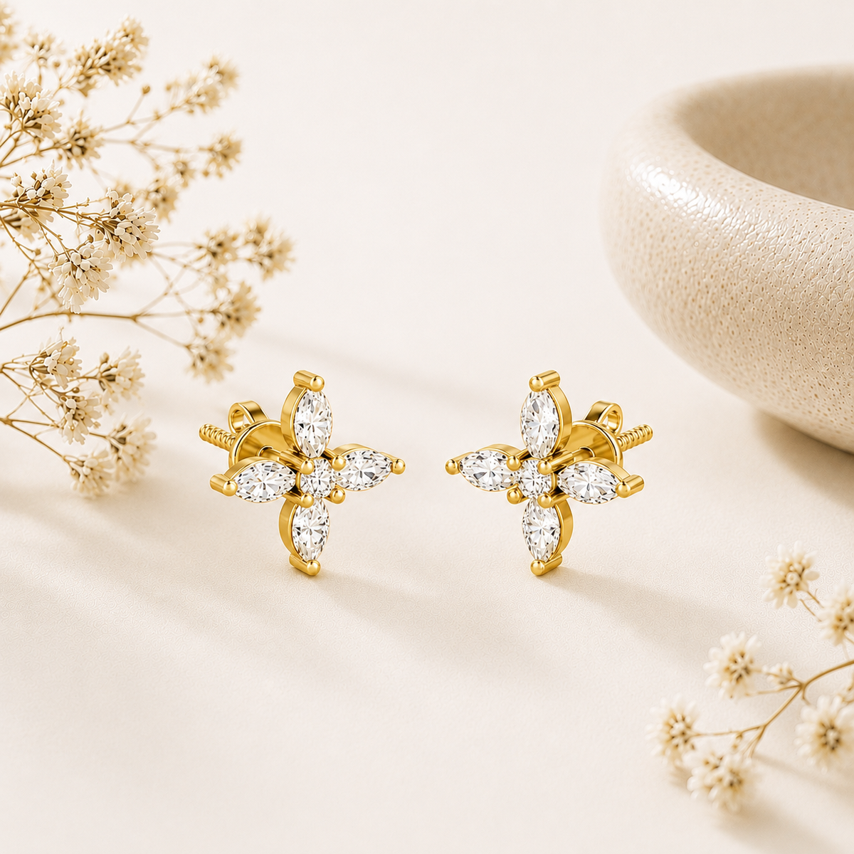 Marquise Four Petal Blossom Gold Plated 925 sterling silver Stud