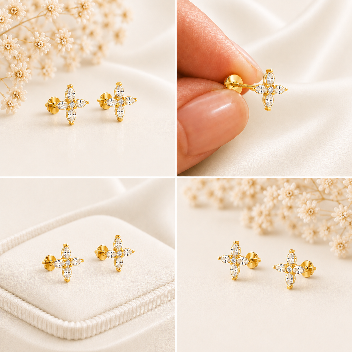 Marquise Four Petal Blossom Gold Plated 925 sterling silver Stud